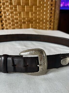 Western Leather Belt Sz 42 Tooled Buckle Braided Trim Concho Accent Brown